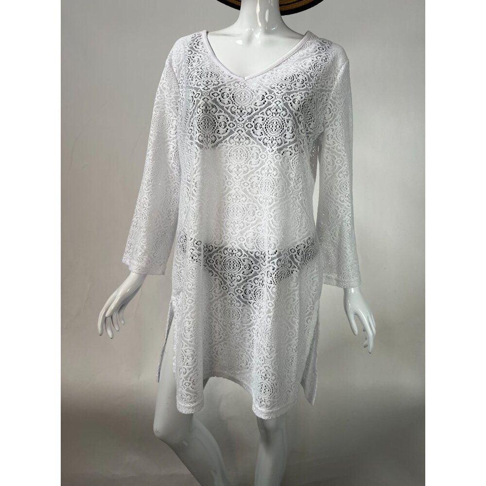 White Lace Cover-Up Dress With V-Neckline By Mario Serrani Italy M